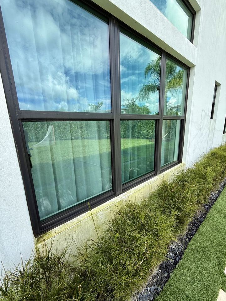 Exterior window with green stains on the wall below before cleaning